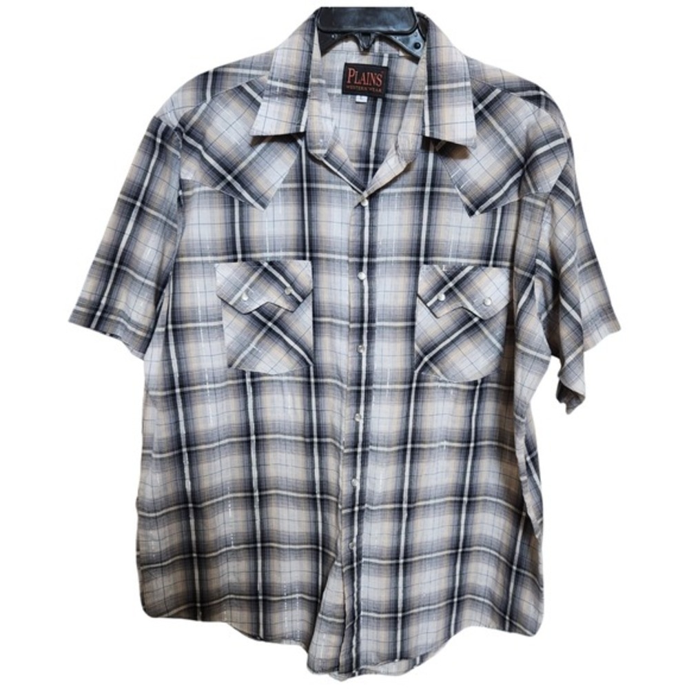 Vintage Plains‎ Western Wear Mens L Pearl Snap Silver Metallic Cowboy Shirt Gray